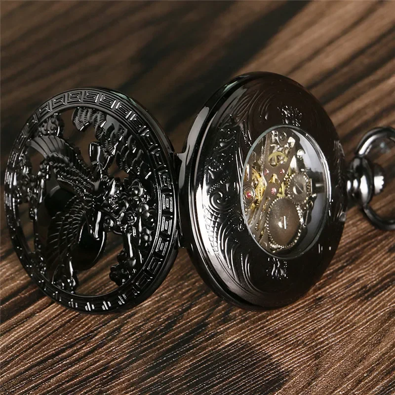 Antique Black Hollow Eagle Case Skeleton Hand-winding Mechanical Men Pocket Watch Arabic Number Clock with Chain