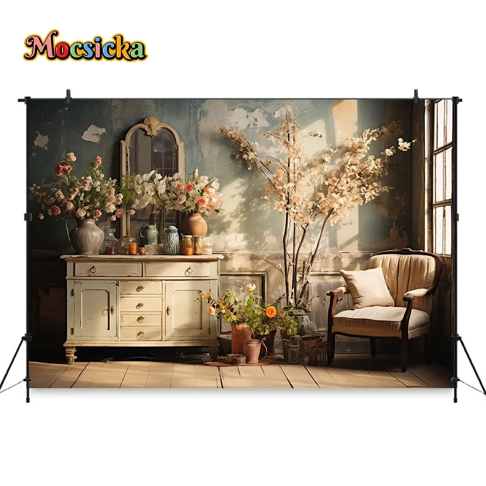 Photography Background Studio Family Photo Indoor Room Wallpaper Backdrop Retro Damaged Wall Window Cabinet Flower Decor Props