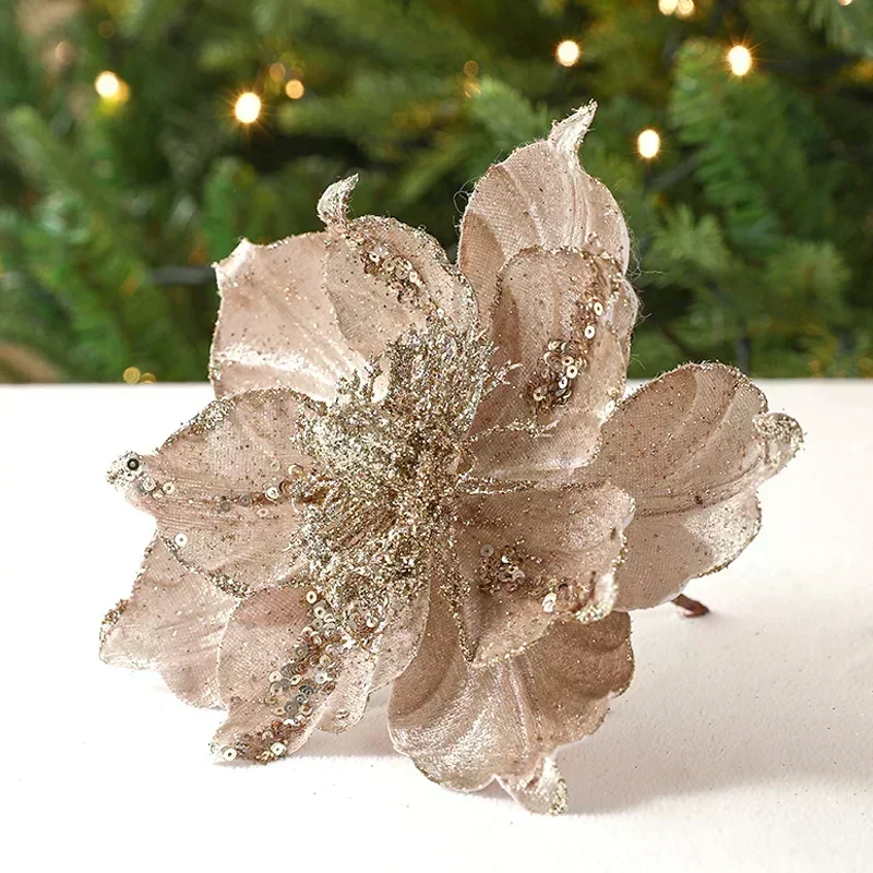 22cm Artificial Flowers Nordic Champagne Christmas Flower New Simulation Pattern Diy Red Multi Layered Christmas Tree Decoration