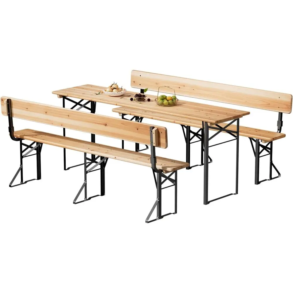 

70 Weather-Resistant Wooden Picnic Table Set with Backrest Bench, Portable Outdoor Camping BBQ Table, Natural Wood