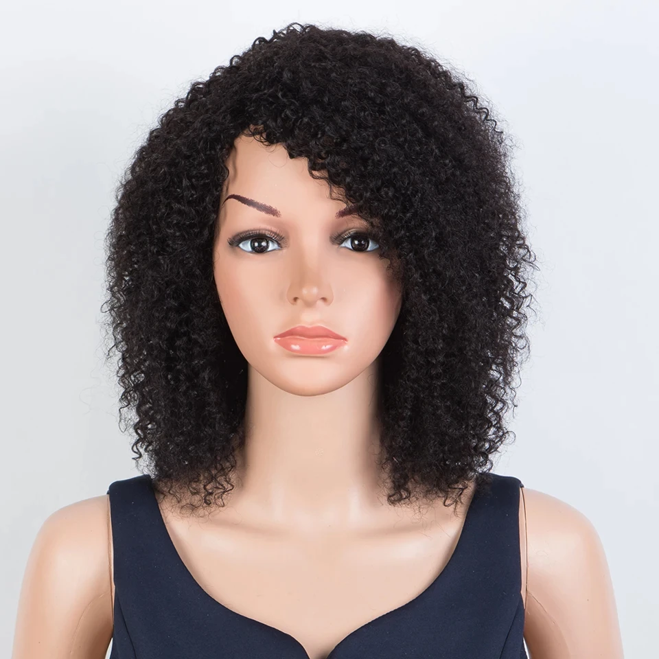 

Afro Kinky Curly Human Hair Wigs Human Hair Wig With Bangs Natural Black Colored Peruvian Jerry Curly Bob Wig For Women