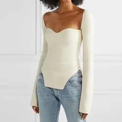 2025 Autumn White Side Split Knitted Women's Sweater Sqaure Collar Full Sleeves Elastic High Waist Sexy Pullover Women Clothes