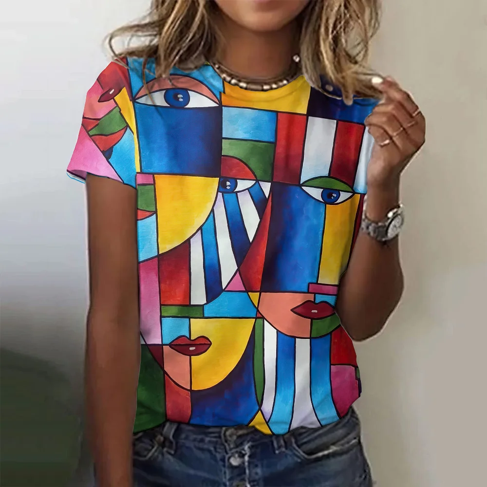 Abstract Face Fashion Street Short Sleeves T shirts Modern Cubism Art Women's T-shirts Summer Loose Women Clothing Pullover