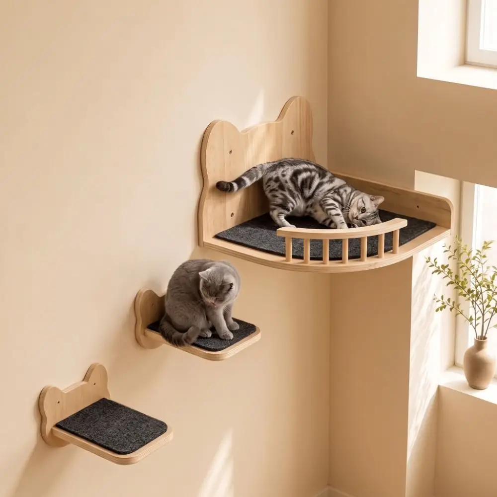 Wooden Wall Mounted Cat Tree Space-Saving Sturdy Cat Climbing Shelves Scratching Pads Wide Steps Cat Floating Stairs Indoor Use