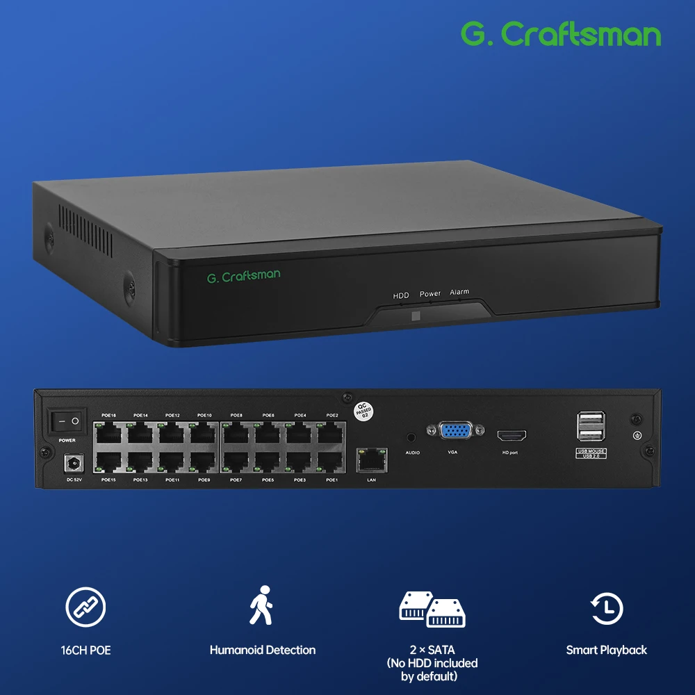 C-R,4K 16CH PoE NVR System,Face Detection Cross-line Smart Alarm,H.265 HDMI ONVIF Business Security