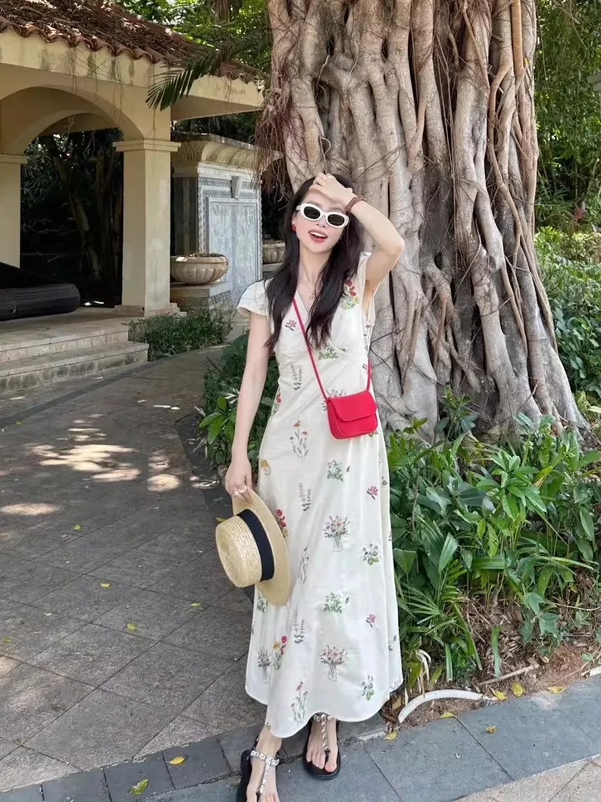 Stunning Floral Summer Dr Women's Unique Small Flng Sve High Waist Slimming Long Dr Commute Sle Polyester Fiber