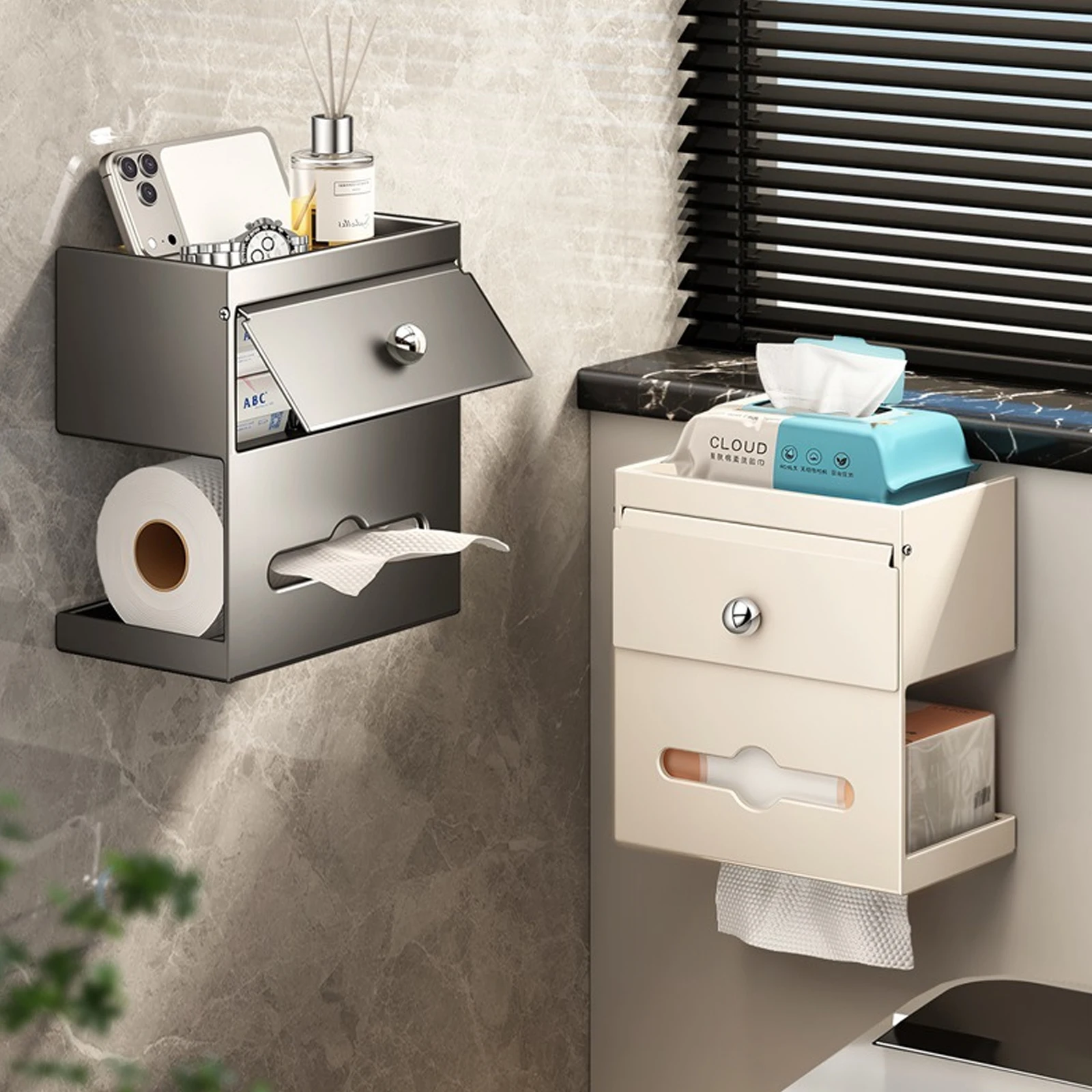 Wall-mounted Carbon Steel Tissue Box Multifunctional Toilet Paper Rack with Drawer Storage Rack Paper Bathroom Accessories