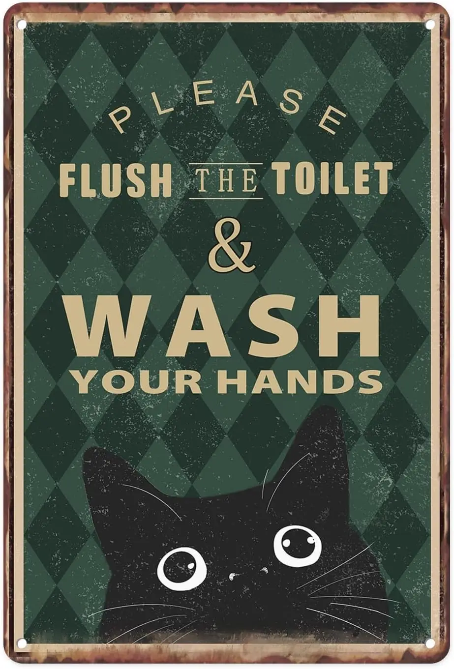 Britimes Please Flush the Toilet Wash Your Hand Vintage Metal Tin Signs, Black Cat Retro Green Funny Sign for Home, Bathroom, To