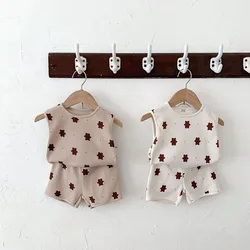 MILANCEL Summer Baby Clothes Suit Waffle Bear Clothing Set Infant Girs Vest And Shorts Baby OIutfit