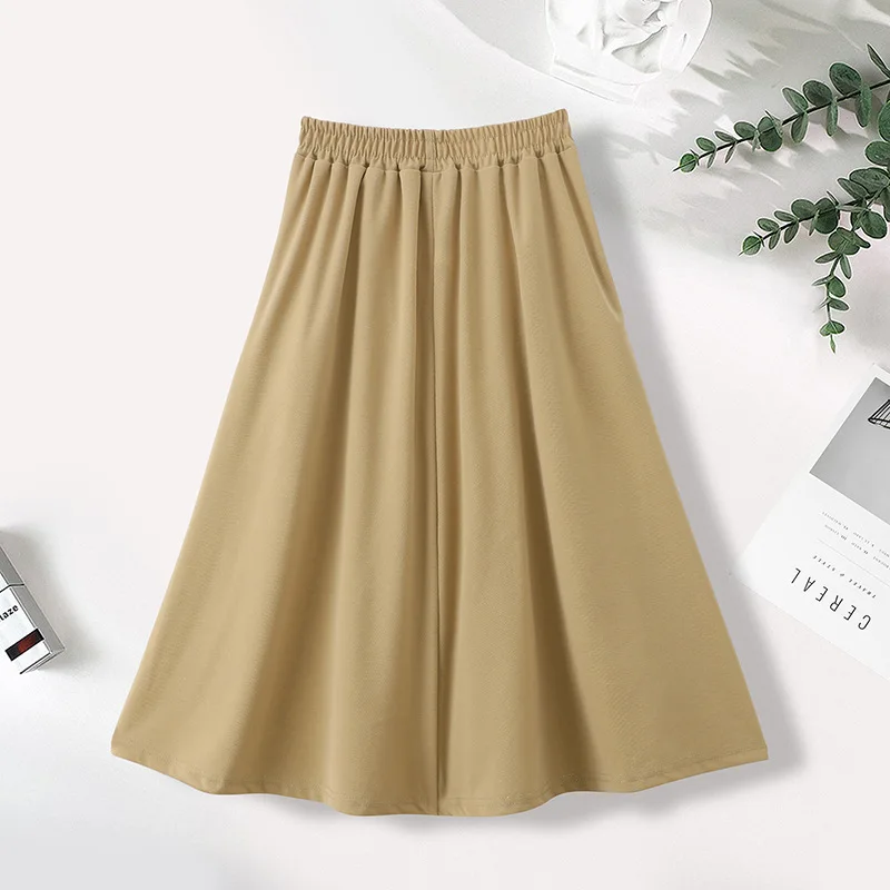Ice Silk Half Skirt Women's Summer Thin High Waist A-Line Midi Slimming Elastic Waist Skirt with Pocket Elegant Commute Style