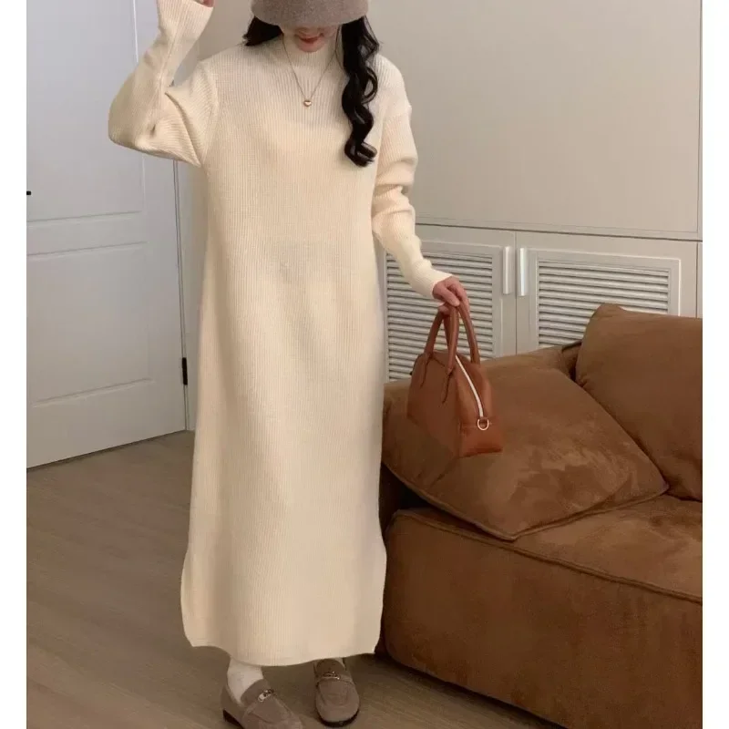 Casual Women\'s Semi High Neck Pit Striped Woolen Dress for Autumn and Winter NewFashion StyleLoose SlitInner Layer Bottom Dress
