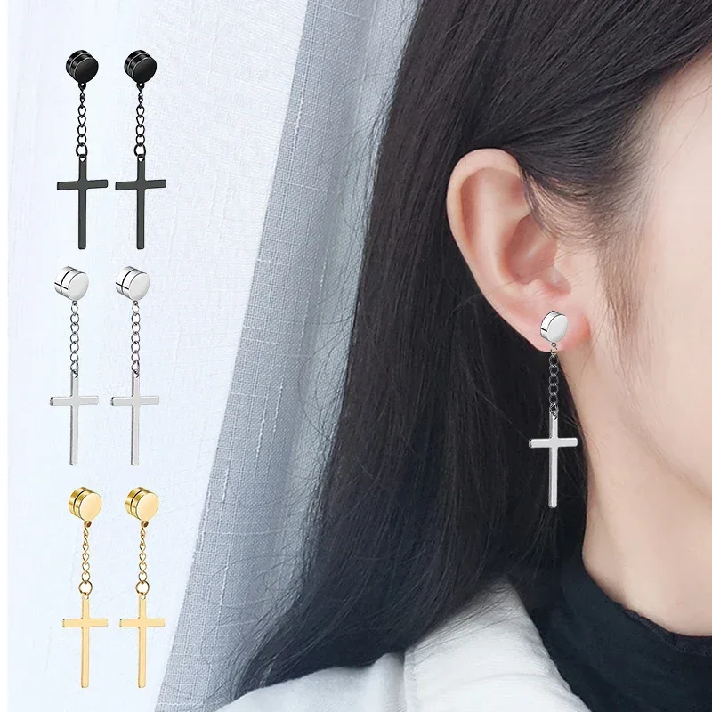 2pc Punk Mens Strong Magnet Magnetic Cross Ear Stud Set Non Piercing Earrings Fake Earrings Gift for Boyfriend Lover Jewelry view 5