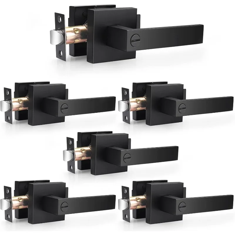 6 Pack Matte Black Door Handles Heavy Duty Flat Square Privacy Interior Door Levers for Bedroom & Bathroom, Keyless