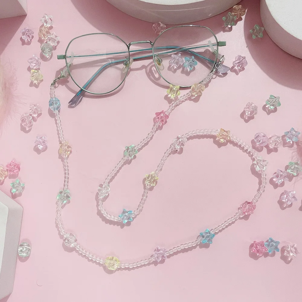 Acrylic Colorful Star Glasses Chain, Random Color Star Beads, Fashion Transparent Crystal Eyeglass Lanyard