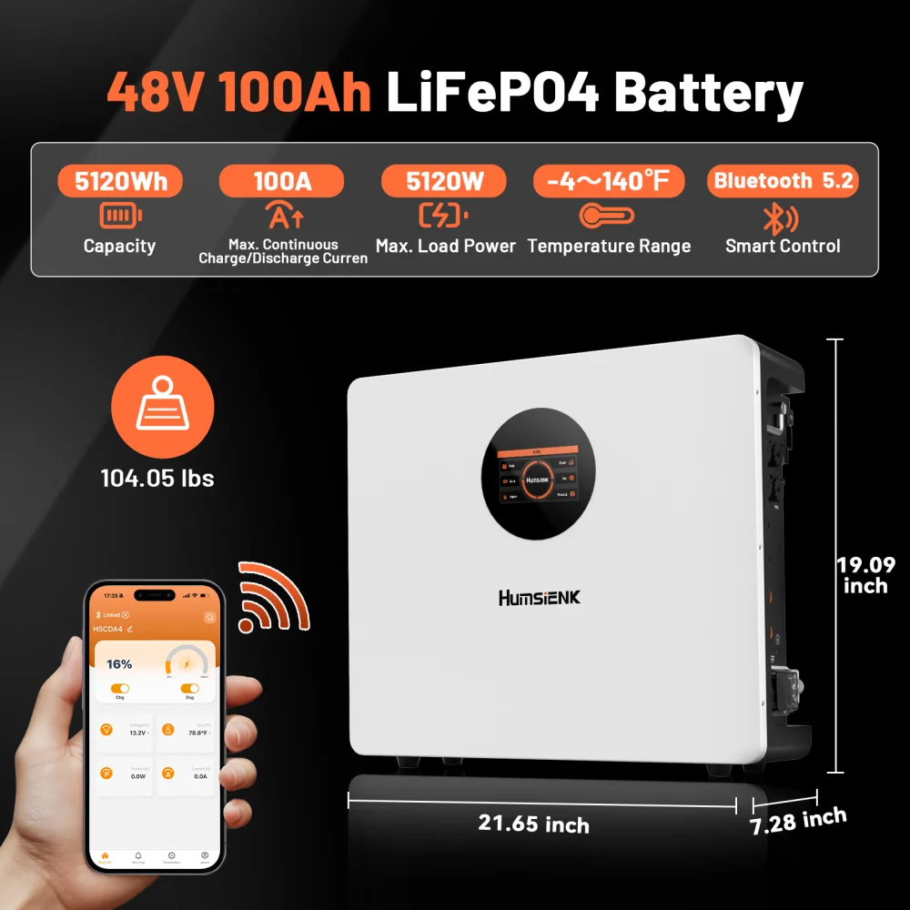 Humsienk 48V 100Ah LiFePO4 Battery WALL-Mounted Bluetooth &Real-time Monitoring Display 100A BMS For Inverter, RV, Solar Energy