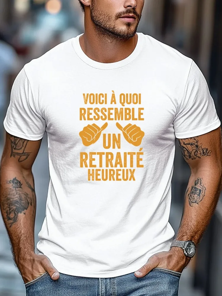 Men Navy Crew Neck Tee French Happy Retiree Quote Two Thumbs Up Fist Distressed Orange Text Graphic Soft Short Sleeve Retiremen