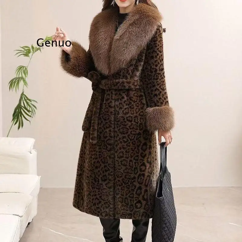 Women's Luxury Faux Mink Fur Premium Faux Shearling Leopard Print Long Coat Slim Fit Autumn Winter Outerwear