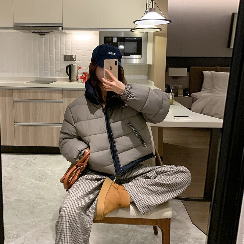 ฤดูใบไม้ร่วงฤดูหนาวใหม่กีฬาผ้าฝ้ายเบาะเสื้อผ้าสวมใส่สองด้านผู้หญิงผ้าฝ้ายเบาะ Stand-up COLLAR Casual Coats แนวโน้ม