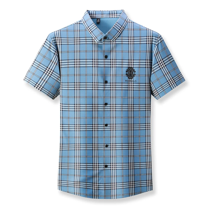 Luxury Brand 2024 Men\'s Summer New Plaid Embroidery Hot Diamond Ice Silk Shirt Trend Seamless Lapel Comfortable Top Men\'s Wear
