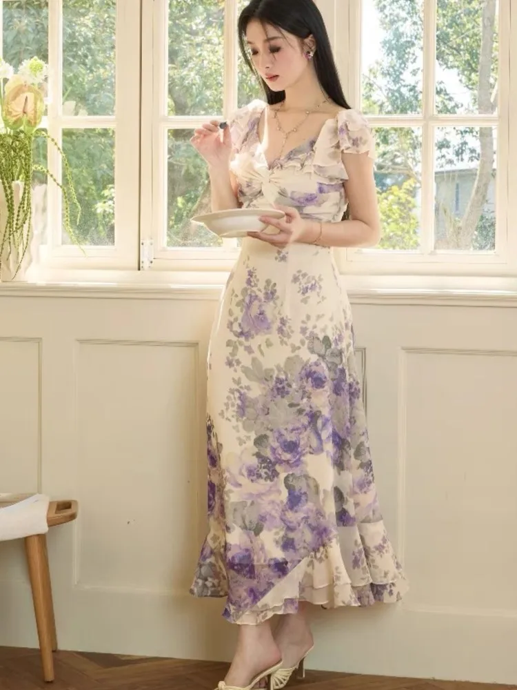 

French Vintage Flower Printing A-line Dress for Woman Off-Shoulder Ruffles Slim Waist Dresses Sexy Fashion Holiday Casual Robe
