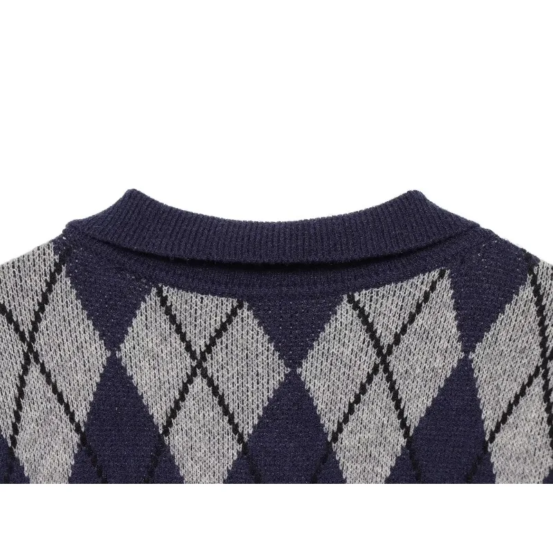 Women Minimalist Style Long Sleeve Argyle Single Breasted Sweater Cardigan 2026 Autumn Winter New Preppy Casual Street Outerwear view 6