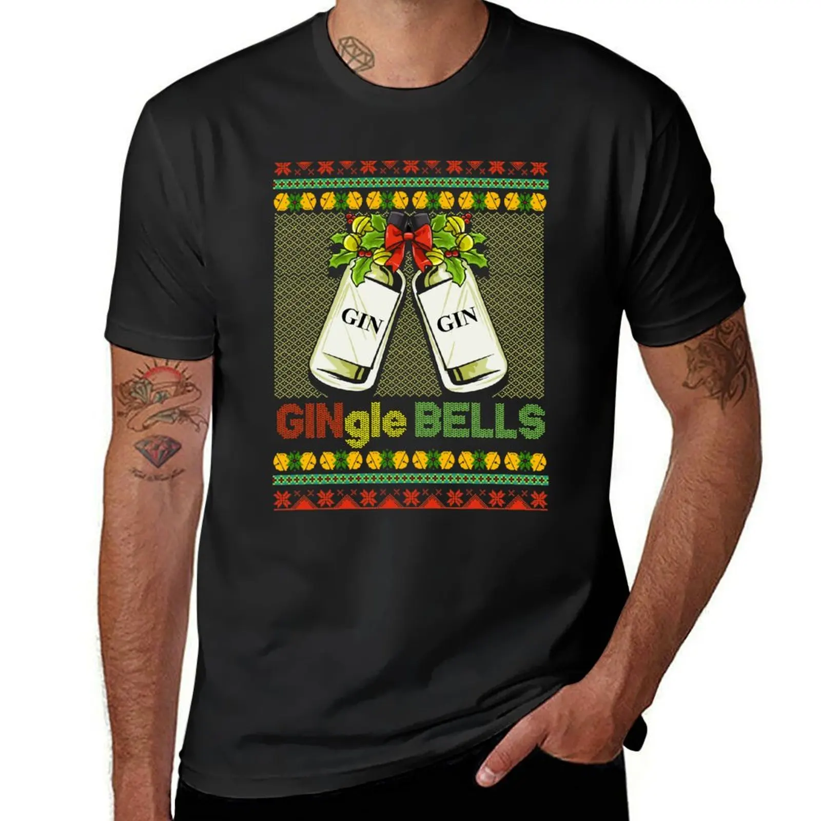 

Gin-gle Bells Ugly Christmas Sweater Style Funny Jingle Bells Humor T-Shirt graphics heavyweights hippie clothes T-shirt men