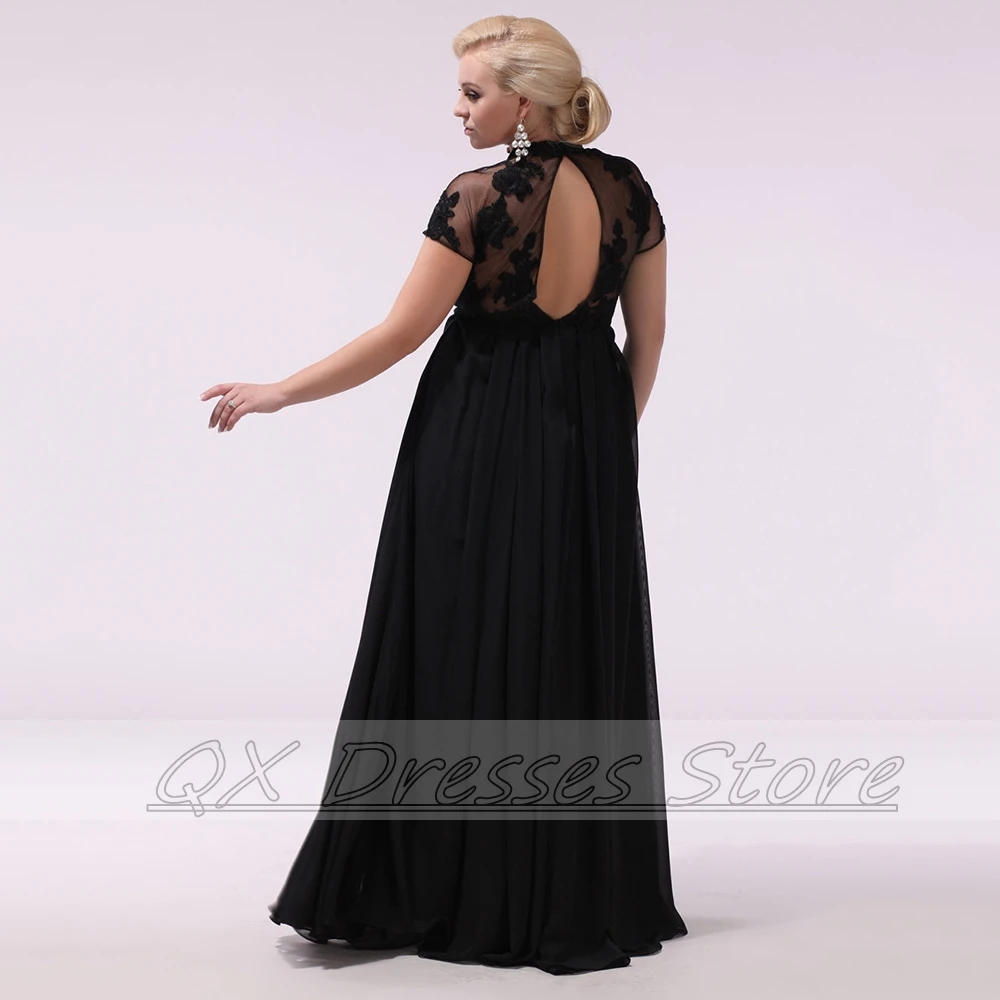 Customized Chic Black Chiffon Mother of the Bride Dress for Wedding Illusion O-Neck Short Sleeve Appliques Floor Length Evening 