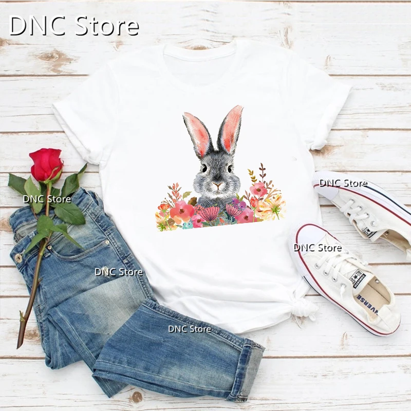 

New Tshirt Women Cute And Funny Rabbit In Flower Cartoon Printed Camiseta Mujer Tshirt Fashion High Quality Femme T-Shirt Tops