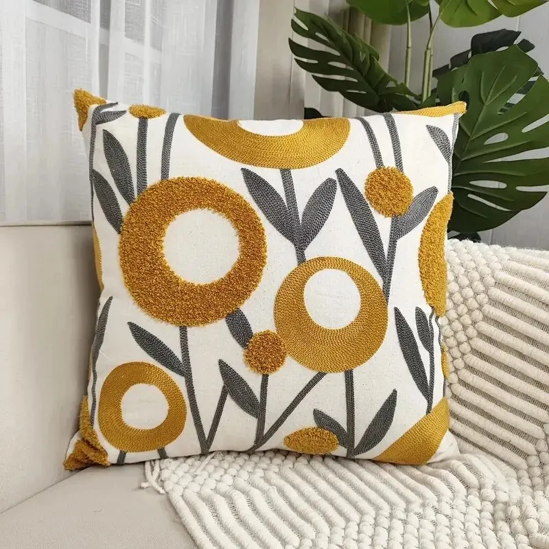 1pc Boho Floral Tufted Decorative Throw Pillow Cover-EmbroideredCotton Cushion Cover for Couch, Sofa, and Bed - Soft and Stylish