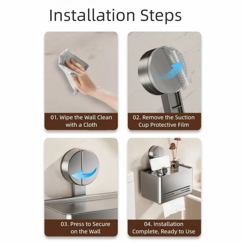 Aluminum Suction Cup Tissue Box With Drawer Non-perforated Toilet Paper Holder Suction Cup Mount Modern Wall Mounted Tissue Box