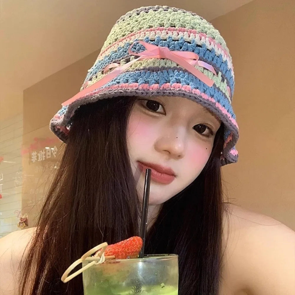 

Korean Handmade Knitted Bucket Hats Bow Ribbon Y2k Hollow Basin Cap Spring Summer Sweet Weave Hats Travel