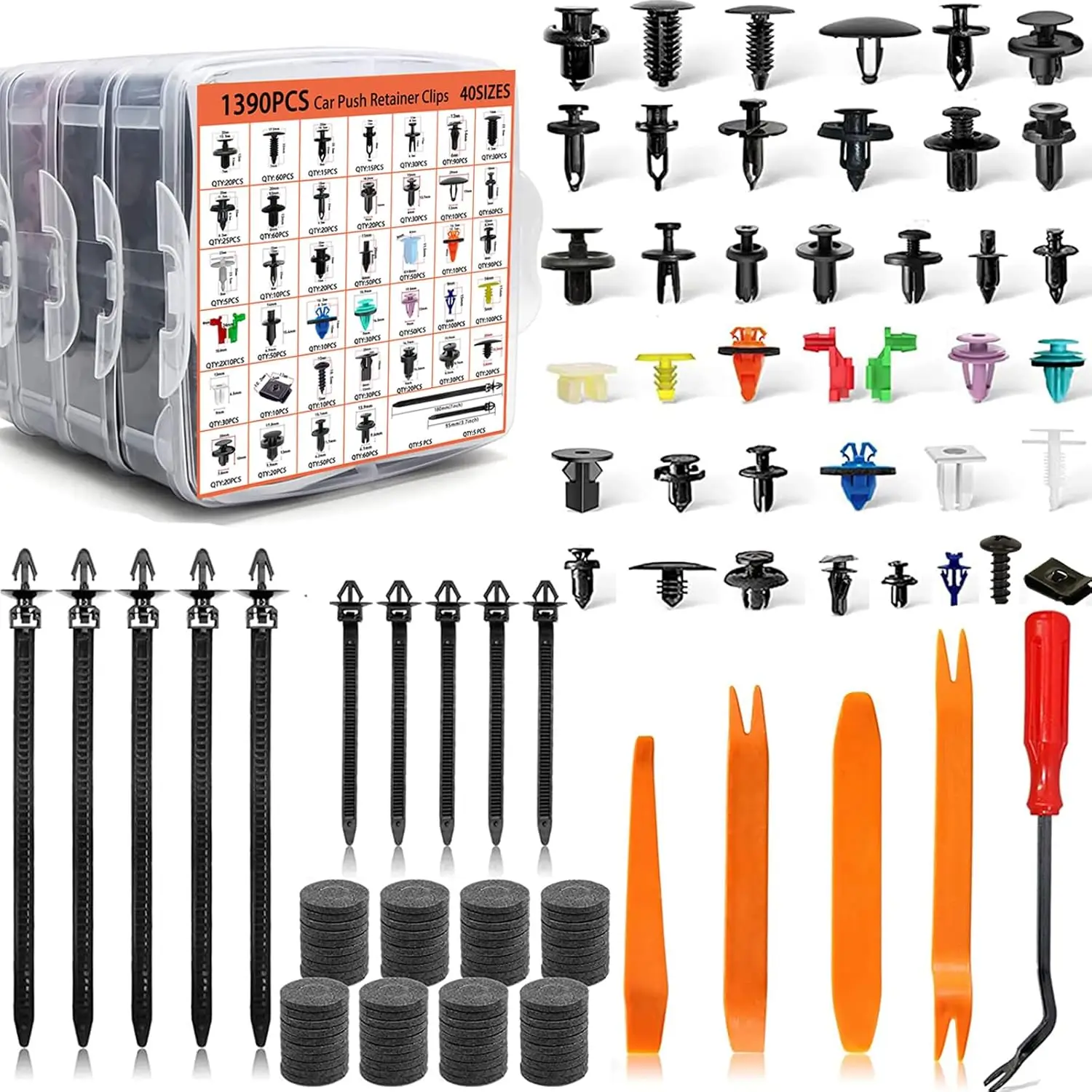 

1595PCS Car Push Retainer Clips & Door Panel Trim Clamp Kit - 40 Most Popular Sizes Nylon Bumper Fender Rivets Kit with 10 Cable Ties