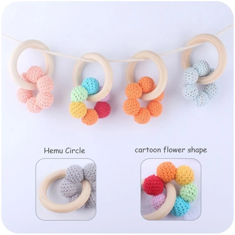 R6FD Baby Wooden Hand Grasp Toy DIY Knitting Beads Teether Bracelet Handheld Teething Nursing Rattle Gifts