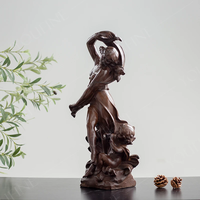 Bronze Western Art Statue Bronze Western Woman And Angel Baby Sculpture Vintage Figurines For Home Decoration Ornament Gifts