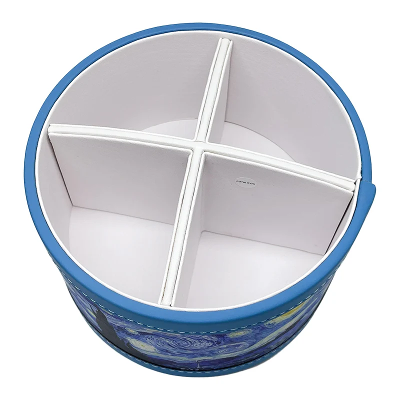 Suporte de caneta multifuncional redondo estrelado céu organizador com 4 compartimentos e base giratória de 360 graus para mesa de escritório, cômoda