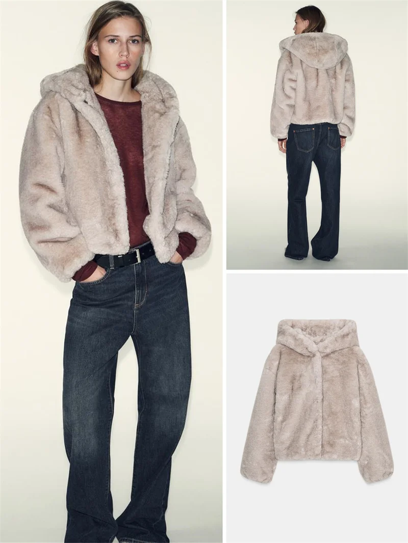 

Faionable Long Sve Hooded Artificial Fur Jaet New Winter Women's High-End Casual Ele Sle Zipper Closure Coat