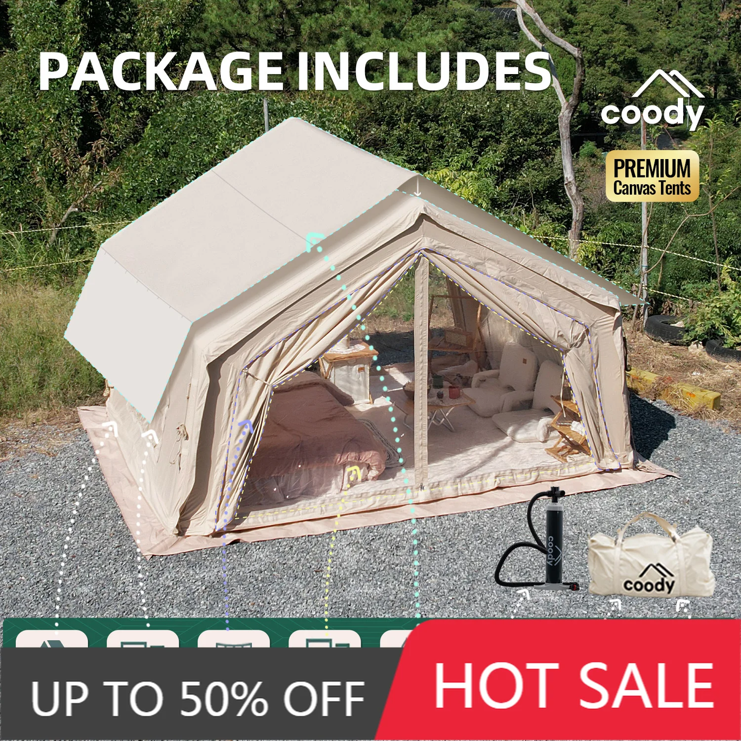 Coody 10.0 Air Tent Beige Cotton Fabric Inflatable Shelter Quick Pitch Luxury Large Family Camping Tent