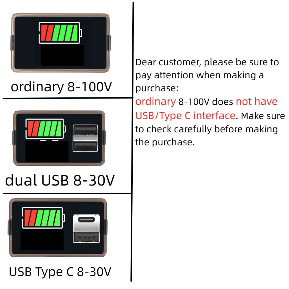 DC8-30V Battery Capacity Indicator Digital Voltmeter Voltage Tester Gauge LED Display and USB for Solar Battery Monitor Panel