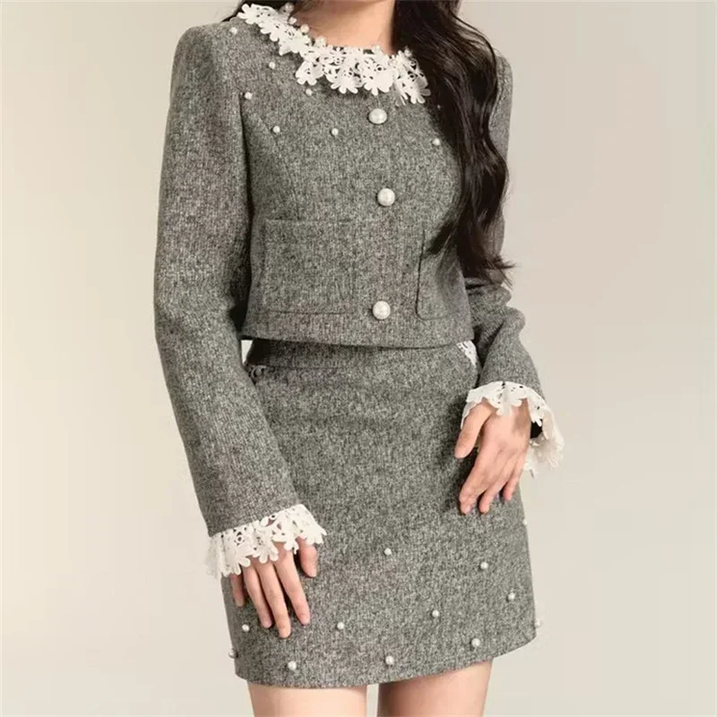 2024 Fall Winter Women Suit Long Sleeve Single Breasted Lace Spliced Embroidered Flares Jacket Folds Mini Skirt Two Piece Set