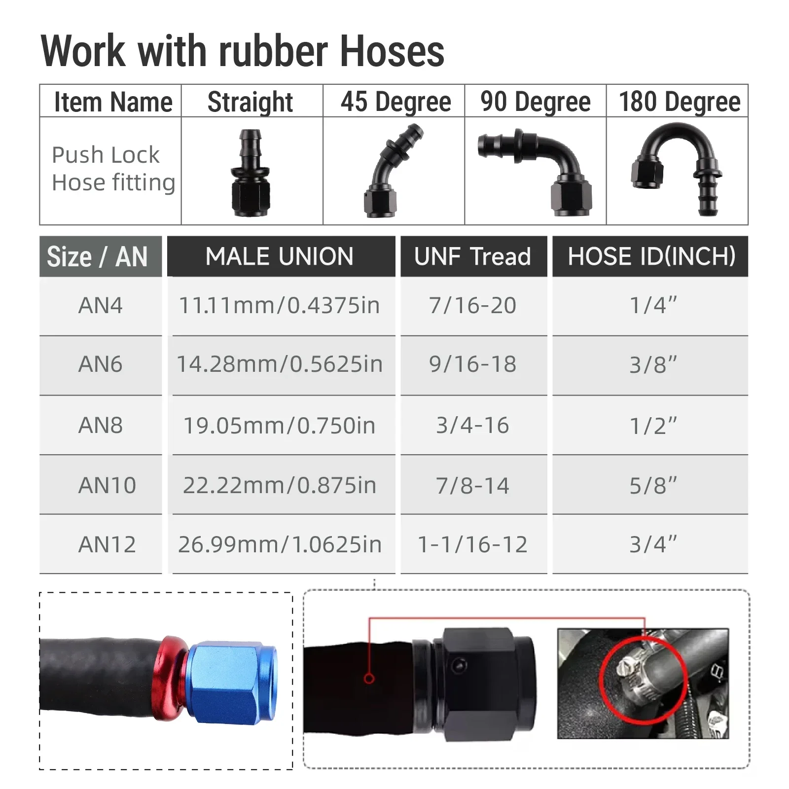 Universal 0 45 90 180 Degree AN4 6 8 10 12 Push-on Hose End Fittings Fuel Oil Cooler Hose Fitting  Reusable Connection Adapter