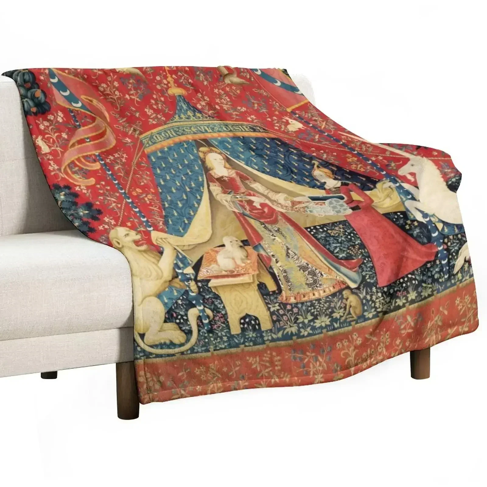 LADY AND UNICORN DESIRE ,Lion,Fantasy Flowers,Animals,Red Green Floral Throw Blanket Flannel Weighted Shaggy Blankets