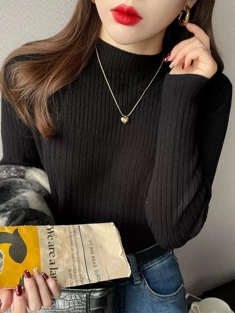 Vintage Basic ถักเกาหลีผู้หญิงฤดูใบไม้ร่วงฤดูหนาวเสื้อกันหนาว Casual Slim เสื้อกันหนาว Simple Chic Pullovers