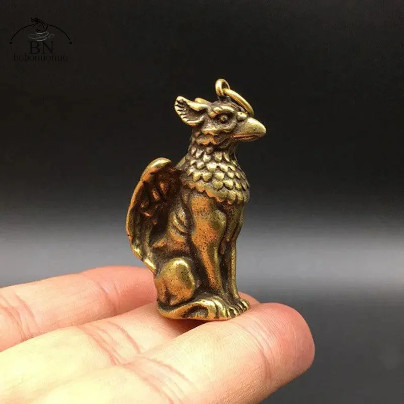 Soild Copper Mythical Animals Bird Head Wings Beast Body Pendants Brass Ornaments Key Chain Hanging Trinket Small Bronze Statue