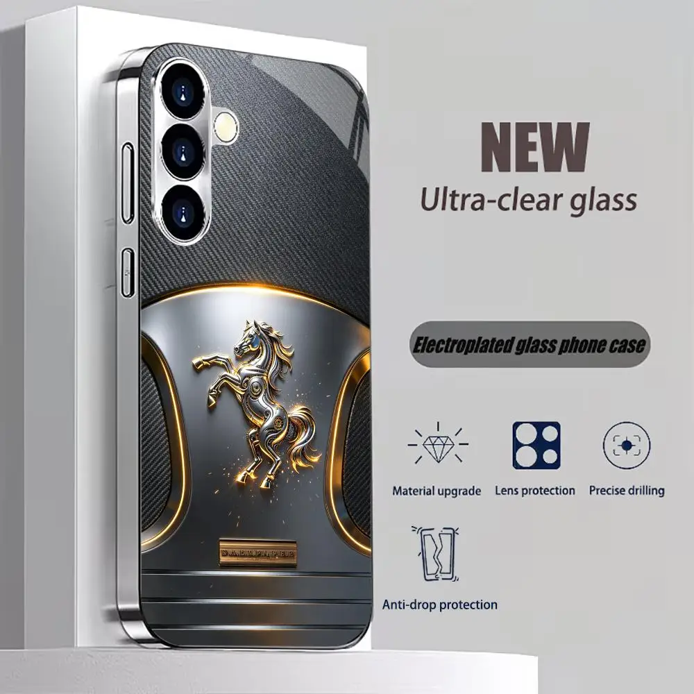 Silver Horse Carbon Fiber Electroplated Glass TPU phone case for Samsung Galaxy S26 S25 S24 S23 S22 FE,Ultra,Plus Dropresistant