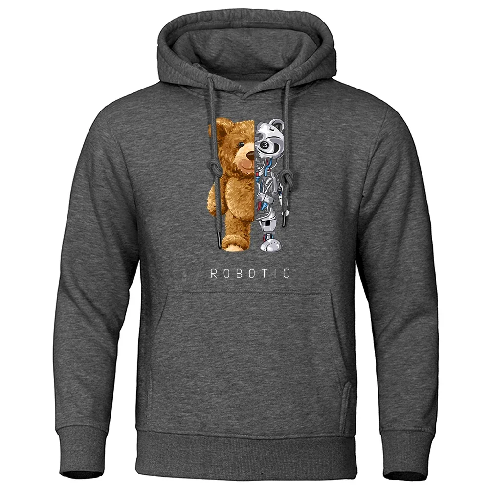 New Funny Teddy Bear Robot Hoodie Robotic Bear Clothing Casual Hooded Men Fashion Sweatshirts Fleece Oversized Loose Streetwear