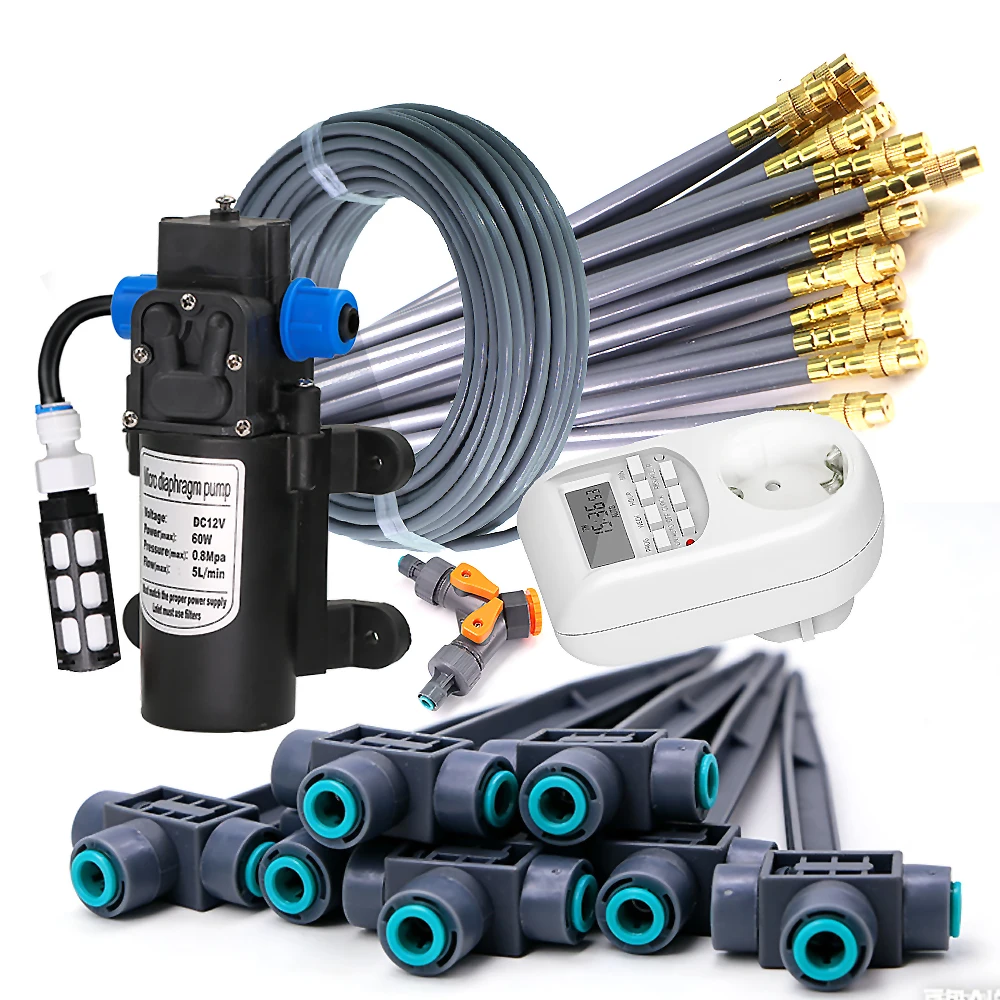 60W Pump 20cm Bendable Nozzle Misting Kit Timer Control Pump Self-priming Spray Cooling System Garden Patio Fogging Watering