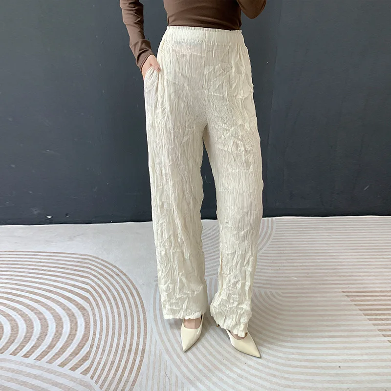 Miyake Pleated 2025 Spring New Fashion Hand Pleated Straight Trousers Women High Waist Draping Slim Pleated Casual Trousers
