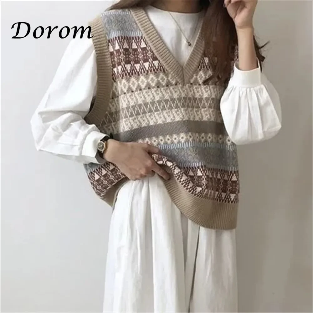 Vintage Argyle V-neck Knitted Sweater Vest Women Autumn Korean Sleeveless Loose Pullover Casual Oversized Waistcoat Female Tops