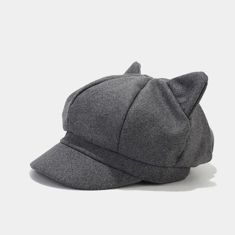 Winter New Cat Ear Beret Hat Women Plain English Retro Wool Felt Baker Boy Cap for Women Cute Octagonal Newsboy Cap