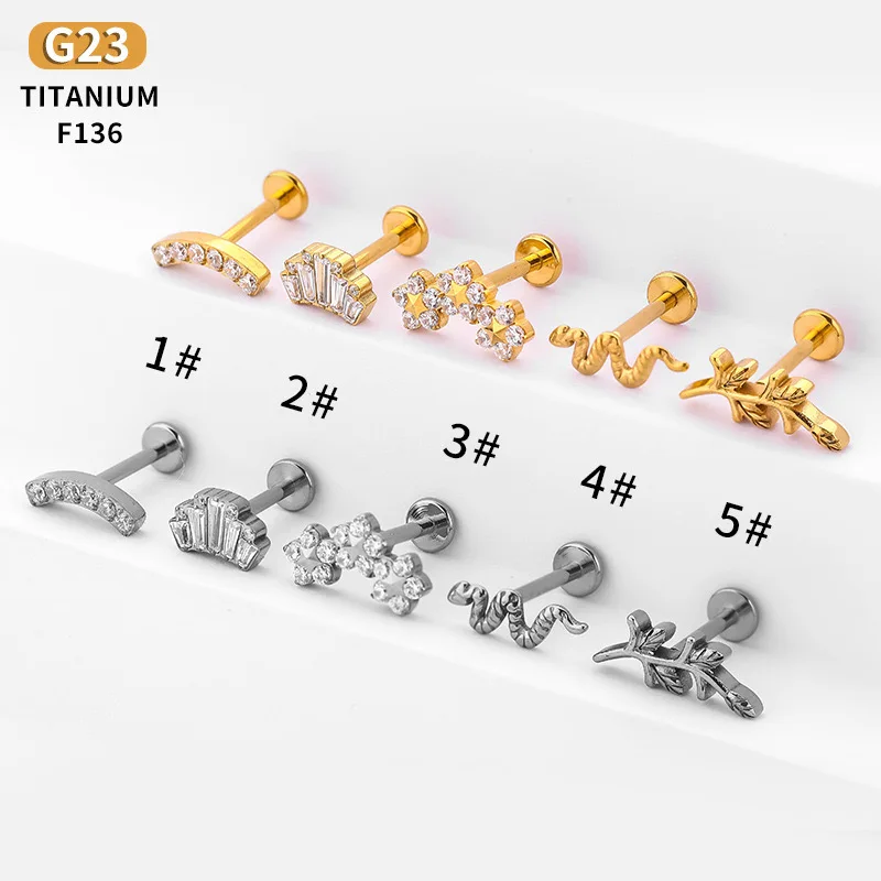 1PC G23 Titanium Ear Studs Snake Labret Internal Thread Lip Geometric CZ Helix Cartilage Lobe Jewelry